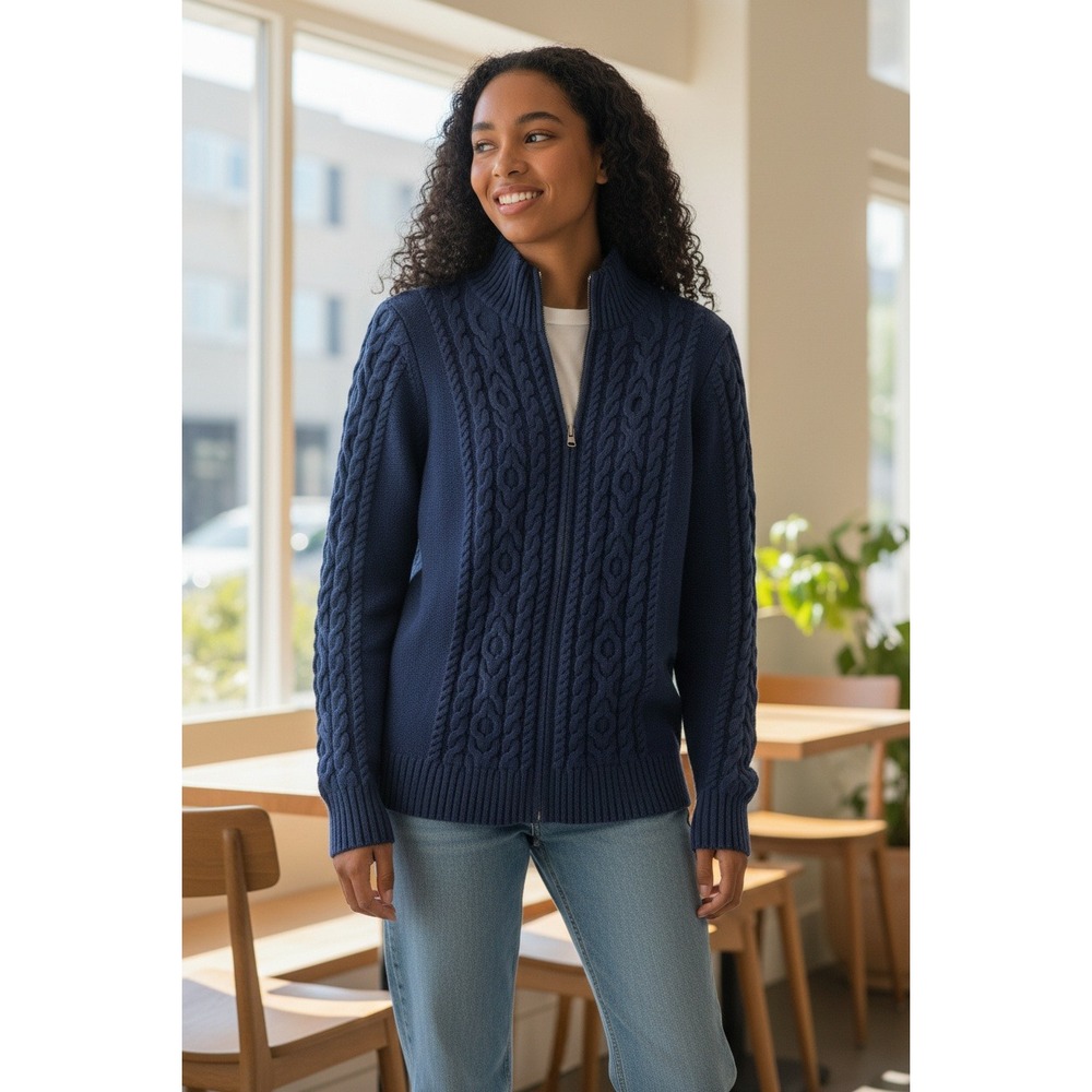 LLBean Navy Blue Cable Knit Full Zip Mock Neck Sweater Medium
